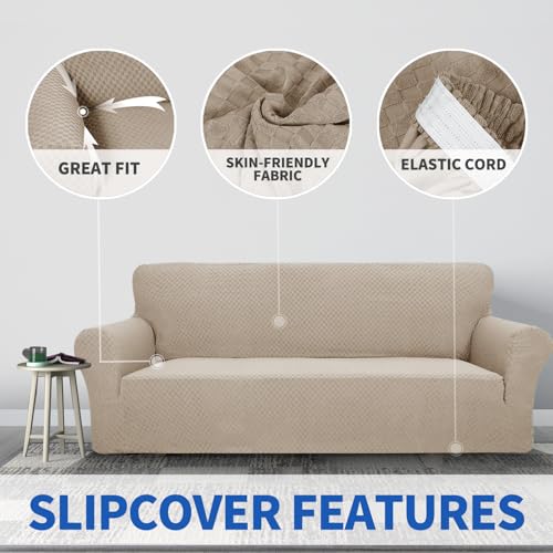 ZNSAYOTX 1 Piece Jacquard Couch Covers for 3 Cushion Couch Living Room High Stretch Sofa Cover Pets Dogs Friendly Anti Slip Thickened Slipcovers Furniture Protector (Sofa, Khaki) - Image 3