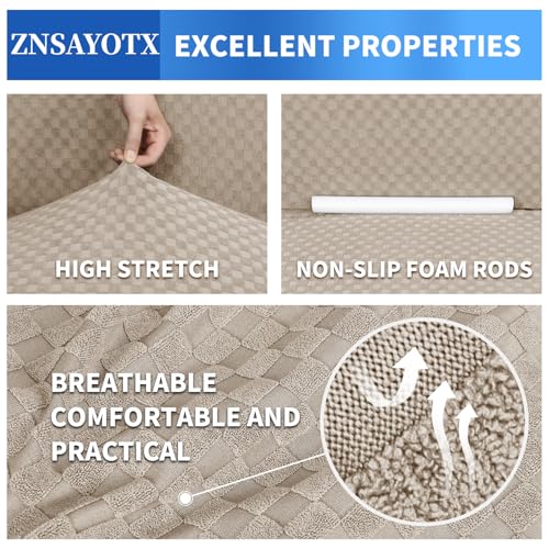ZNSAYOTX 1 Piece Jacquard Couch Covers for 3 Cushion Couch Living Room High Stretch Sofa Cover Pets Dogs Friendly Anti Slip Thickened Slipcovers Furniture Protector (Sofa, Khaki) - Image 5