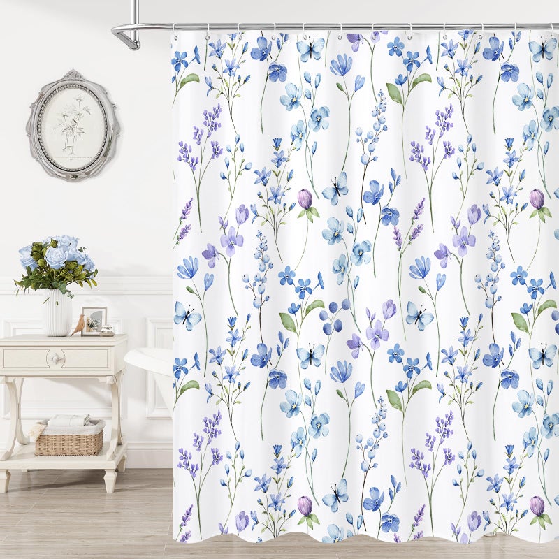 Litabel Watercolor Floral Shower Curtain, Blue Butterfly Flower Shower Curtain for Bathroom, Modern Minimalist White Waterproof Fabric Shower Curtain Set, 72x72 Inch - Image 1