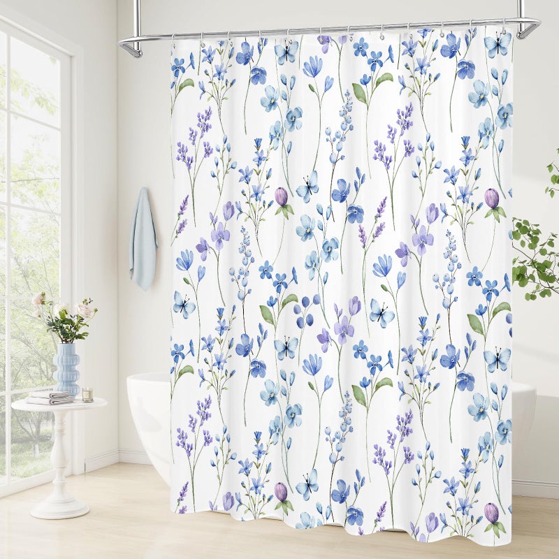 Litabel Watercolor Floral Shower Curtain, Blue Butterfly Flower Shower Curtain for Bathroom, Modern Minimalist White Waterproof Fabric Shower Curtain Set, 72x72 Inch - Image 2