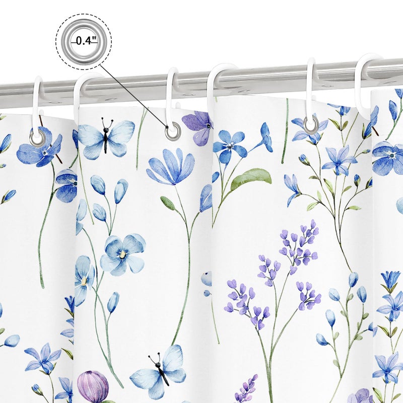 Litabel Watercolor Floral Shower Curtain, Blue Butterfly Flower Shower Curtain for Bathroom, Modern Minimalist White Waterproof Fabric Shower Curtain Set, 72x72 Inch - Image 5