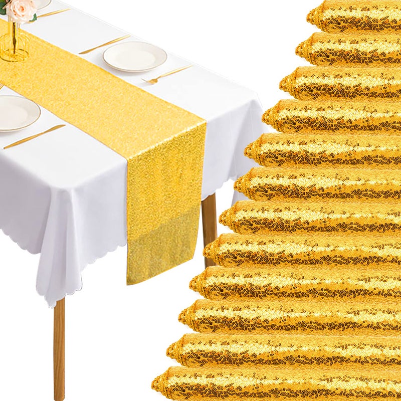 12 Packs 12 X 72 Inch Gold Sequin Table Runner Glitter Dining Table Runner for Birthday Wedding Engagement Bridal Baby Shower Bachelorette Holiday Celebration Party Supplies Decorations Gold