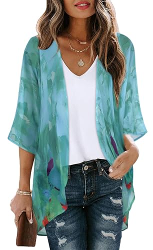CHICGAL Womens Short Cardigans Casual Oversized Open Front Kimono Tops Bathings Suit Cover-ups (Teal Blue Print, M) - Image 1