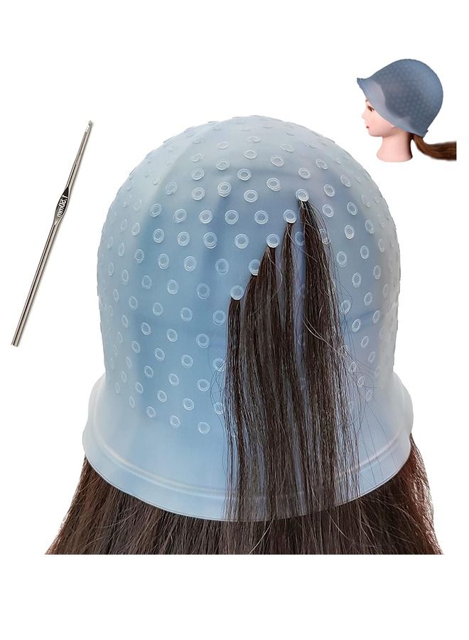 Highlighting Cap With Holes Already In Silicone Reusable Highlighting Cap Hair Dye Cap With Holes Tipping Caps Hair Salon Hairdressing Highlight Cap And Hook Kit (Blue) - Image 1