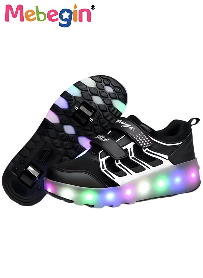 MEBEGIN - Retractable Roller Kids Shoes with Wheels LED Light Color Shoes Size 33 Shiny Roller Skates Skate Shoes Simple Kids Gifts Boys Girls The Best Gift for Party Birthday Black - Image 1