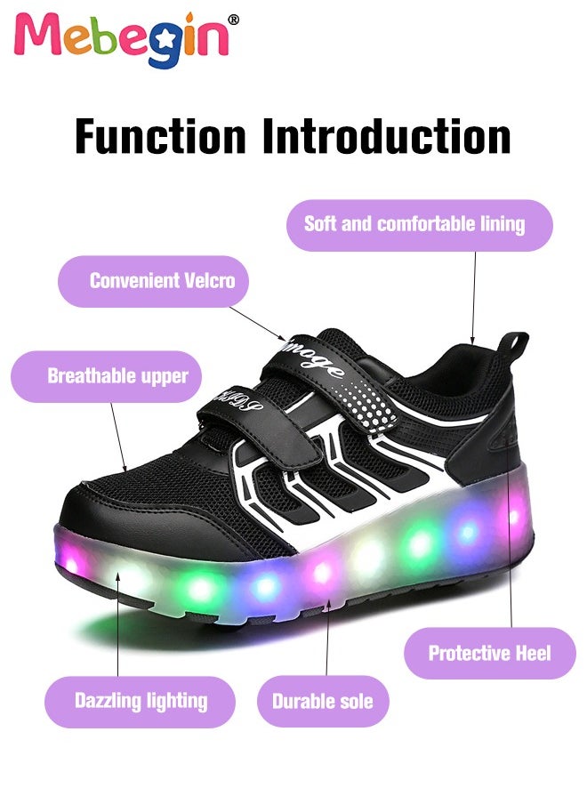 MEBEGIN - Retractable Roller Kids Shoes with Wheels LED Light Color Shoes Size 33 Shiny Roller Skates Skate Shoes Simple Kids Gifts Boys Girls The Best Gift for Party Birthday Black - Image 1