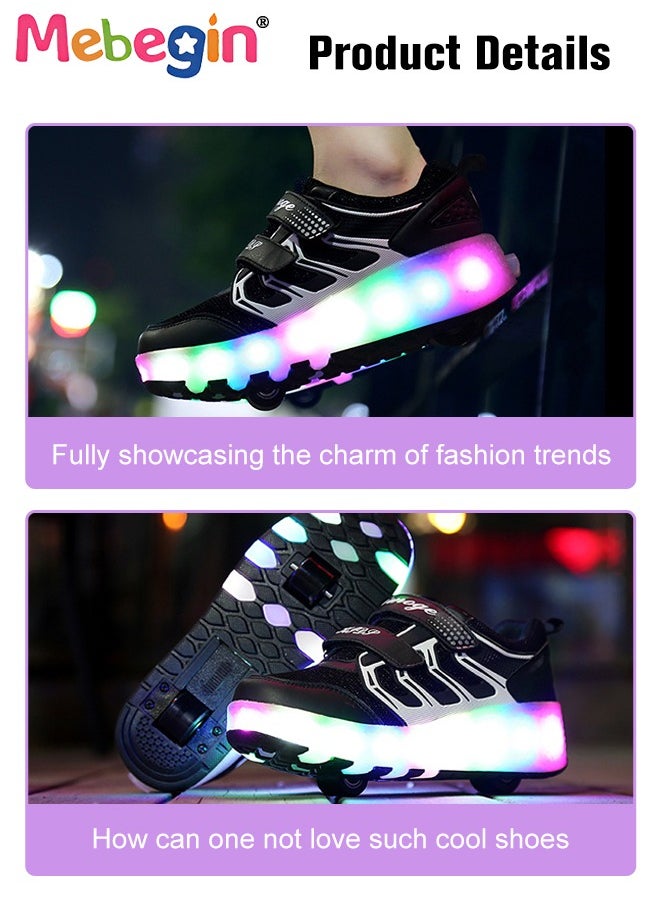 MEBEGIN - Retractable Roller Kids Shoes with Wheels LED Light Color Shoes Size 33 Shiny Roller Skates Skate Shoes Simple Kids Gifts Boys Girls The Best Gift for Party Birthday Black - Image 1