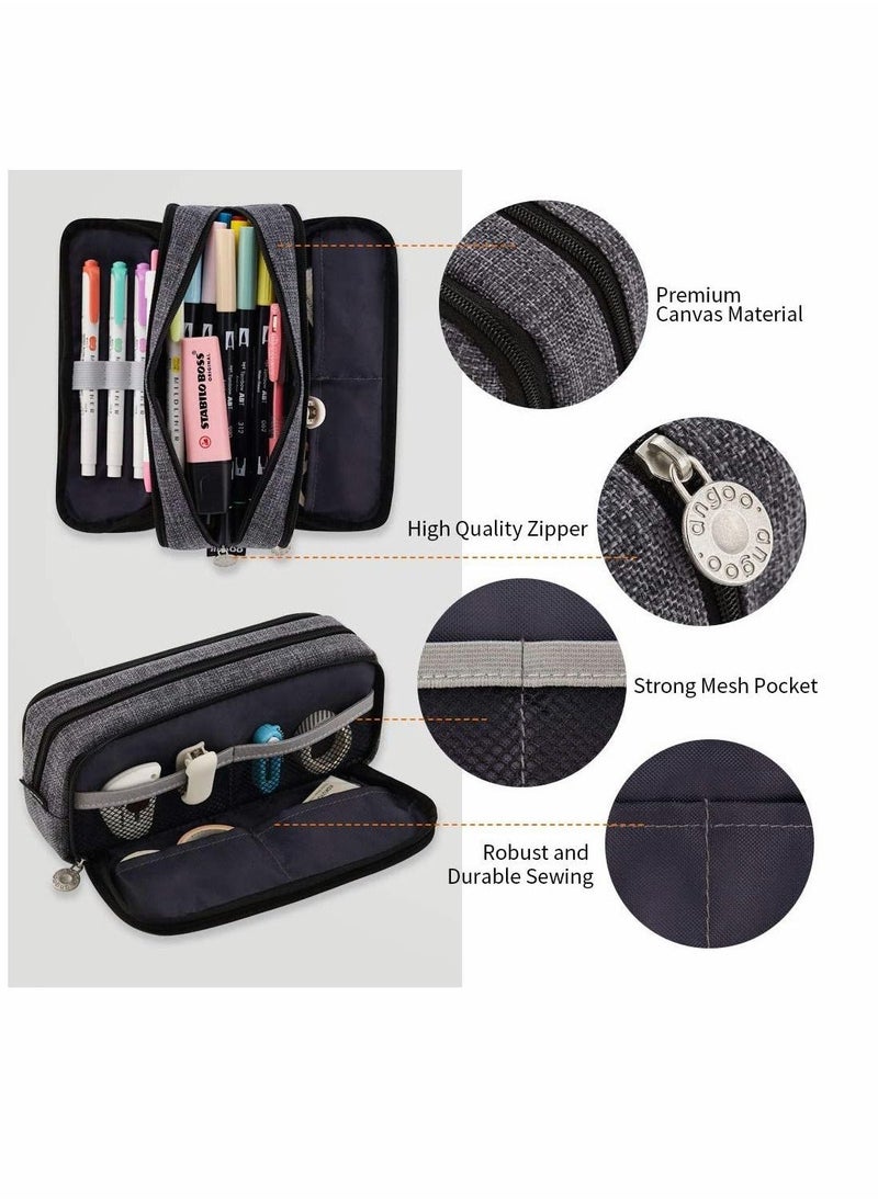 KASTWAVE Large Pencil Case Big Capacity 3 Compartments Canvas Pencil Pouch for Teen Boys Girls School Students - Image 3