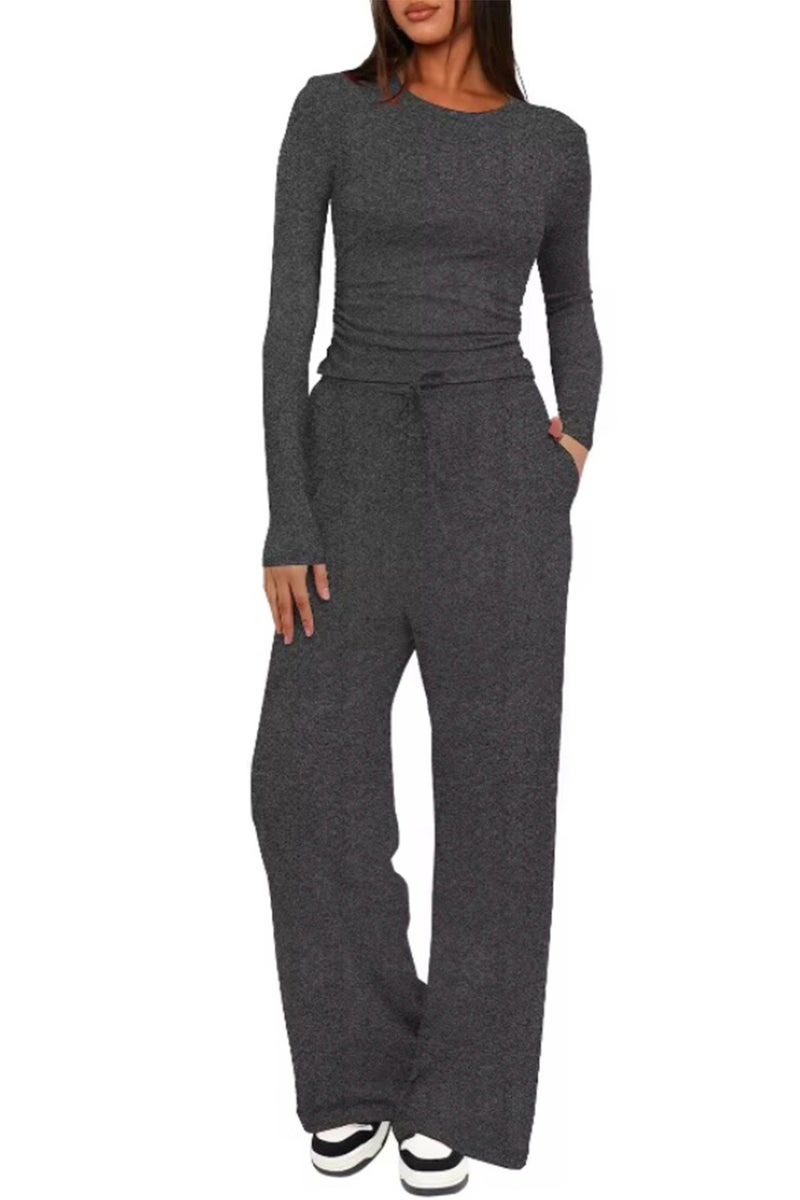 SOLOBUY Pyjamas Set Jersy Women's Long-Sleeved, Elastic Waist, Collar Round,  Color Dark Grey - Image 1