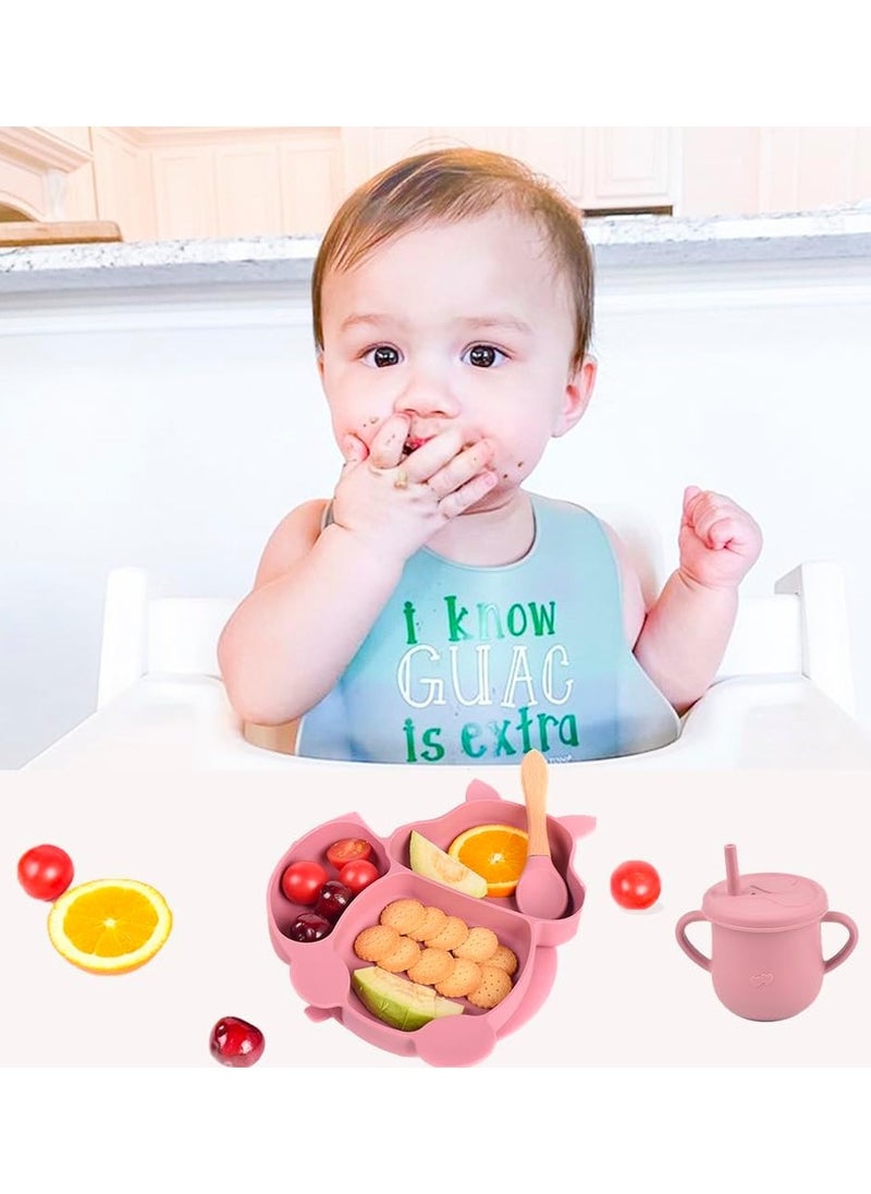 Silicone Baby Feeding Set, 9 Piece Baby Led Weaning Supplies, Baby Toddler Bib Cup Divided Plate and Bowl Self Feeding Spoons Dish Set, Baby Eating Utensils, Toddler Feeding Supplies