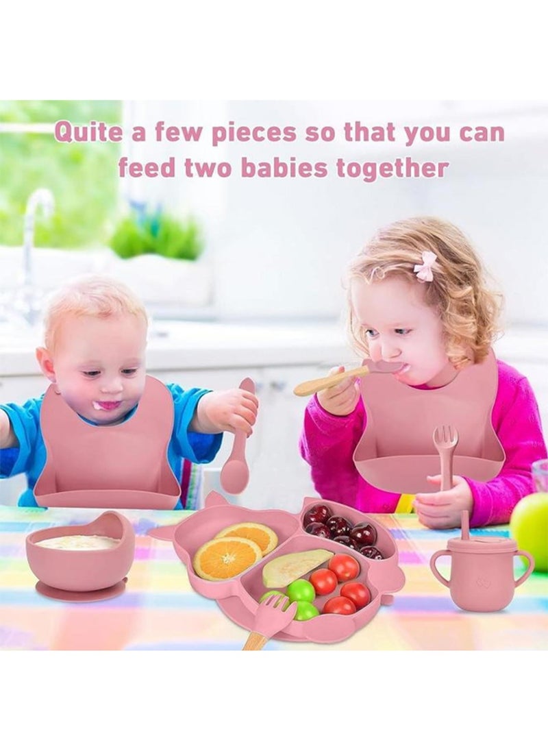 Silicone Baby Feeding Set, 9 Piece Baby Led Weaning Supplies, Baby Toddler Bib Cup Divided Plate and Bowl Self Feeding Spoons Dish Set, Baby Eating Utensils, Toddler Feeding Supplies