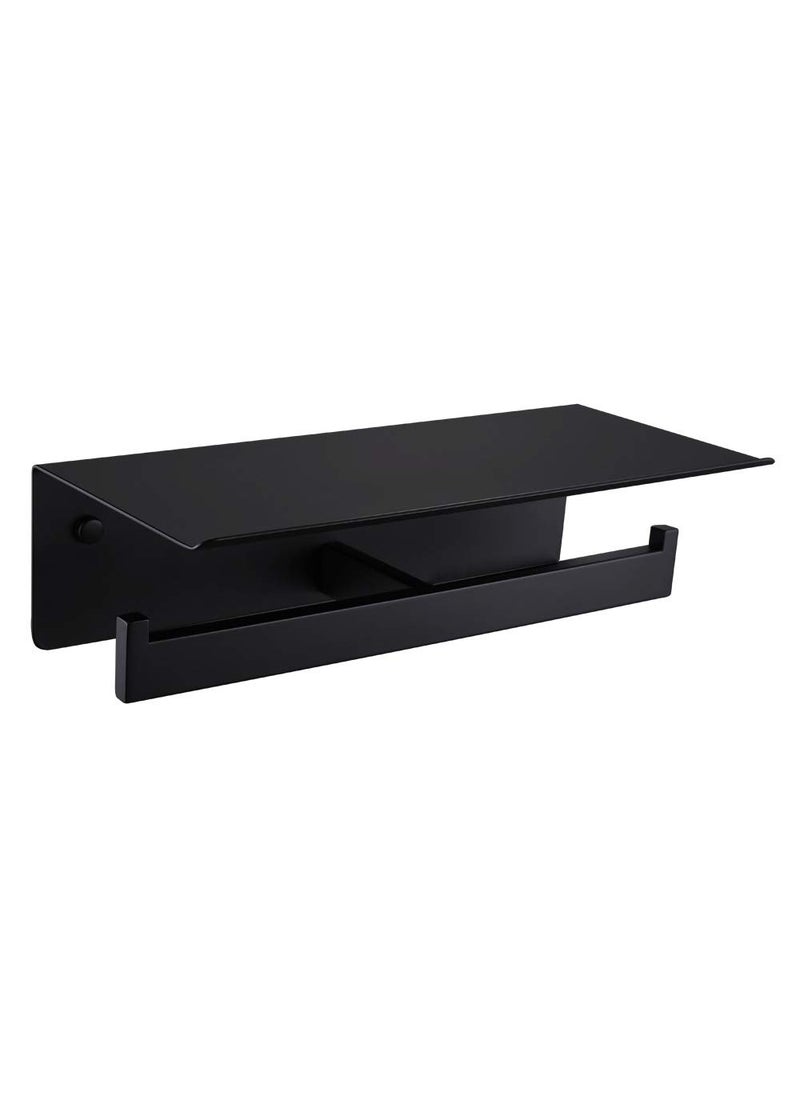 APLusee Double Toilet Paper Holder with Shelf Matte Black  APLusee SUS304 Stainless Steel Modern Bathroom Tissue Roll Holder Mobile Phone Storage Rack  - Image 1