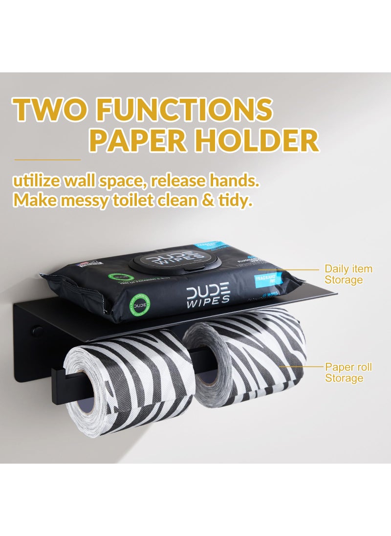 APLusee Double Toilet Paper Holder with Shelf Matte Black  APLusee SUS304 Stainless Steel Modern Bathroom Tissue Roll Holder Mobile Phone Storage Rack  - Image 3