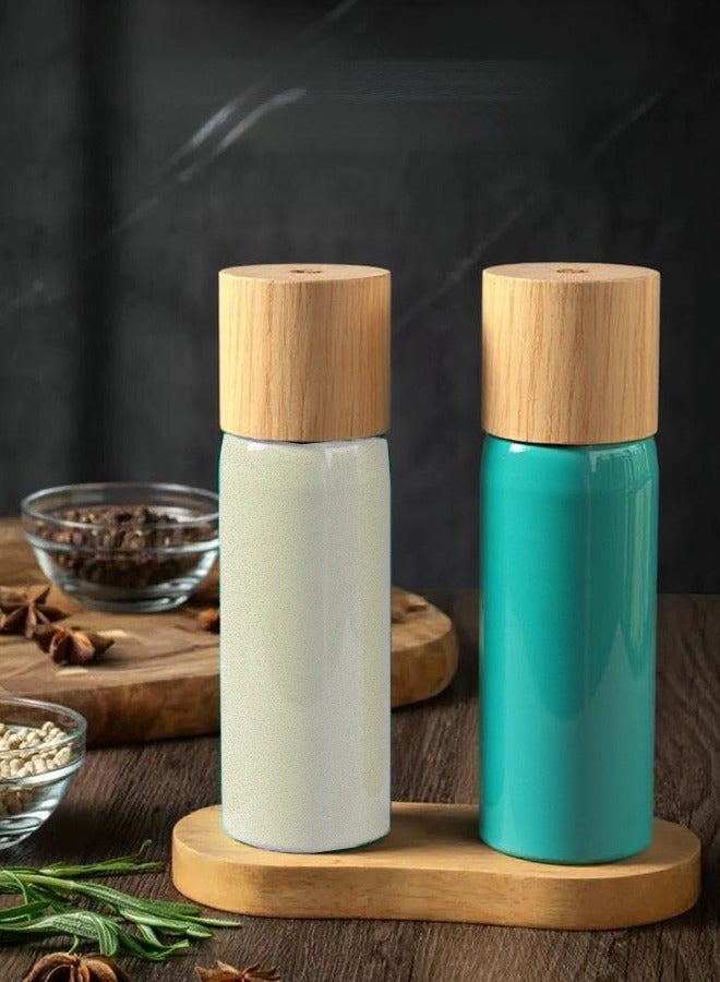 Dual Ceramic Salt & Pepper Grinder Set (17cm) - Handcrafted Clay Body with Wooden Head - Coastal Blue & Sand Beige - Enjoy Your Favorite Spices, Fresh Ground Pepper, Himalayan Or Sea Salts- Middle Eastern Kitchen Gift Box  - Image 1