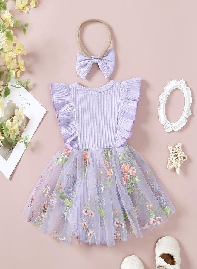 Douhoow Baby Girls Romper Dress Baby Dress Romper 3D Flowers Mesh Skirt Hem Infant Girl Summer Clothes with Headband (Purple C, 0-3 Months) - Image 3