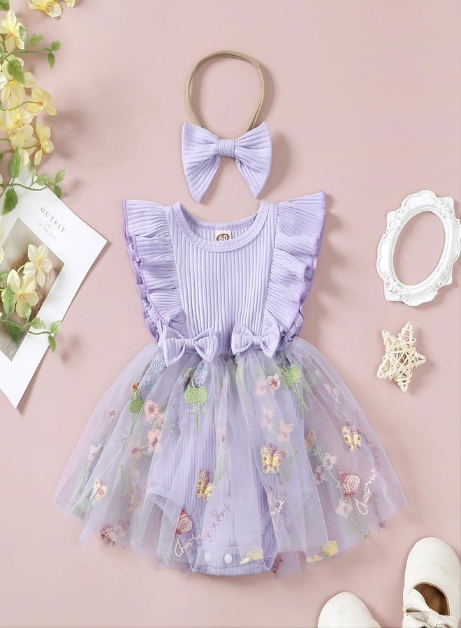 Douhoow Baby Girls Romper Dress Baby Dress Romper 3D Flowers Mesh Skirt Hem Infant Girl Summer Clothes with Headband (Purple C, 0-3 Months) - Image 2