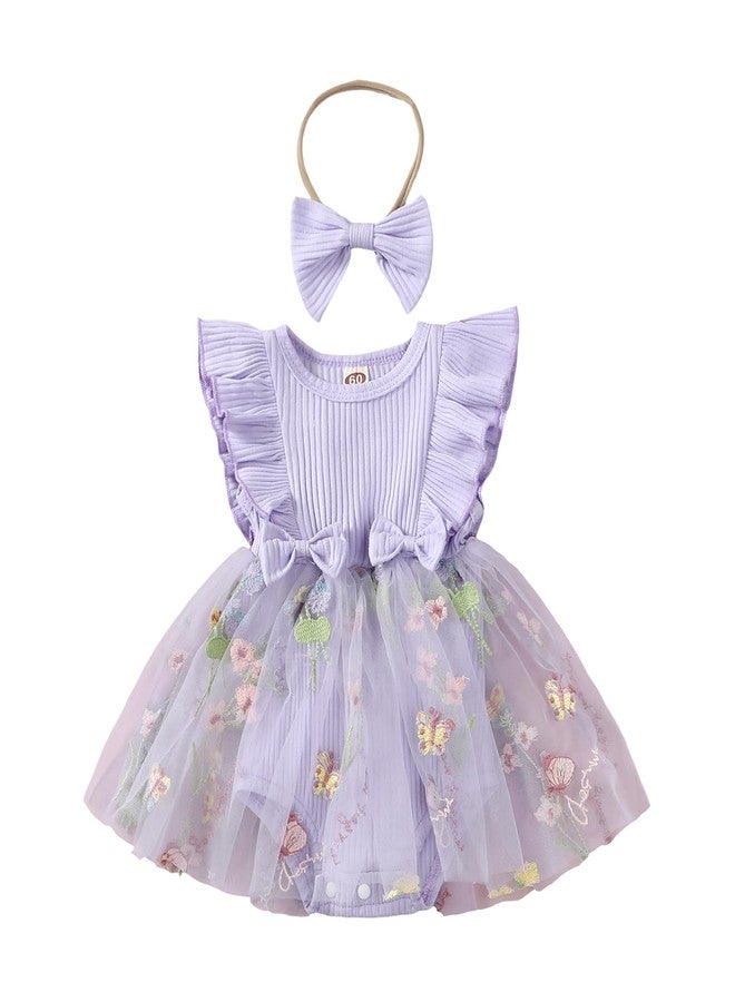 Douhoow Baby Girls Romper Dress Baby Dress Romper 3D Flowers Mesh Skirt Hem Infant Girl Summer Clothes with Headband (Purple C, 0-3 Months) - Image 1
