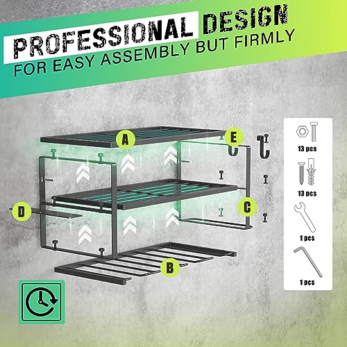 SUNALLY 3-Tier Heavy Duty Steel Power Tool Organizer, Matte Black, 3 Layers Tool Rack Cordless Drill, Floating Shelf Wall Mounted, 4 Drill Holders - Image 4