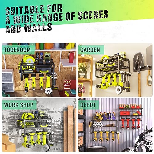 SUNALLY 3-Tier Heavy Duty Steel Power Tool Organizer, Matte Black, 3 Layers Tool Rack Cordless Drill, Floating Shelf Wall Mounted, 4 Drill Holders - Image 5