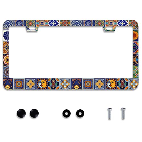 Omw2fyb Personalise Mexican Tiles License Plate Frames Mandala Boho License Plate Frame Car Universal Stainless Steel Accessories Cars Decorative 2 Holes Screws Fits Standard US Vehicles Size 12.2 x 6 Inches - Image 1