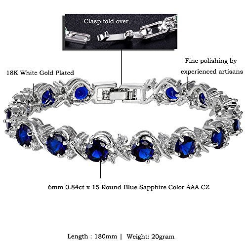 RIZILIA BLOSSOM Round Simulated Blue Sapphire and White Cubic Zirconia 18K White Gold Plated Tennis Bracelet, 7" - Image 2