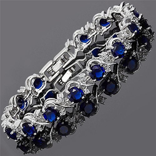 RIZILIA BLOSSOM Round Simulated Blue Sapphire and White Cubic Zirconia 18K White Gold Plated Tennis Bracelet, 7" - Image 3