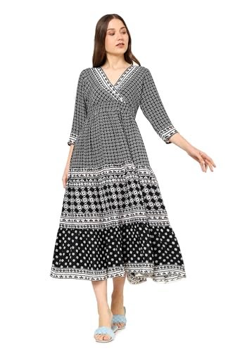 Yash Gallery Women's Polyester Geometric V-Neck 3/4 Sleeve Calf Length Floral Tiere Dress (Black) - Image 1