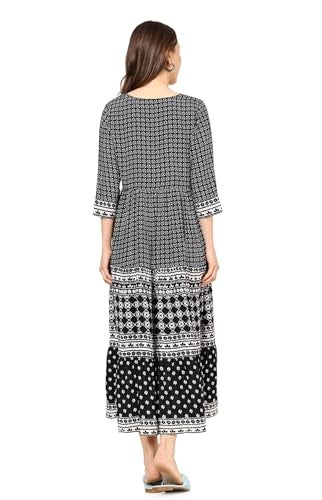 Yash Gallery Women's Polyester Geometric V-Neck 3/4 Sleeve Calf Length Floral Tiere Dress (Black) - Image 4