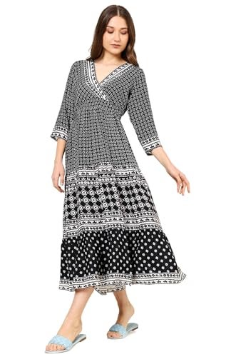 Yash Gallery Women's Polyester Geometric V-Neck 3/4 Sleeve Calf Length Floral Tiere Dress (Black) - Image 3