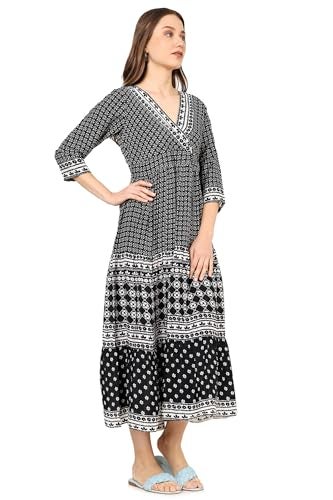 Yash Gallery Women's Polyester Geometric V-Neck 3/4 Sleeve Calf Length Floral Tiere Dress (Black) - Image 2