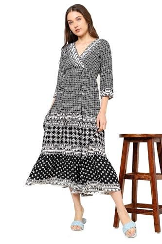 Yash Gallery Women's Polyester Geometric V-Neck 3/4 Sleeve Calf Length Floral Tiere Dress (Black) - Image 5