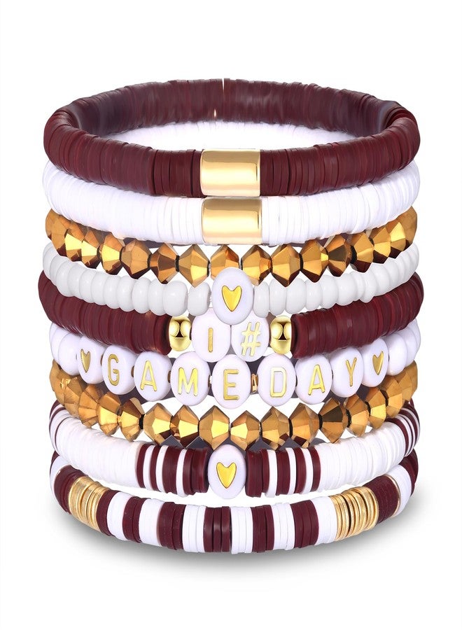 boderier Football Bracelets for Women Stack Game Day Bracelets Heishi Beaded Stretchy Sports Fan Football Accessories Jewelry (Maroon White) - Image 1