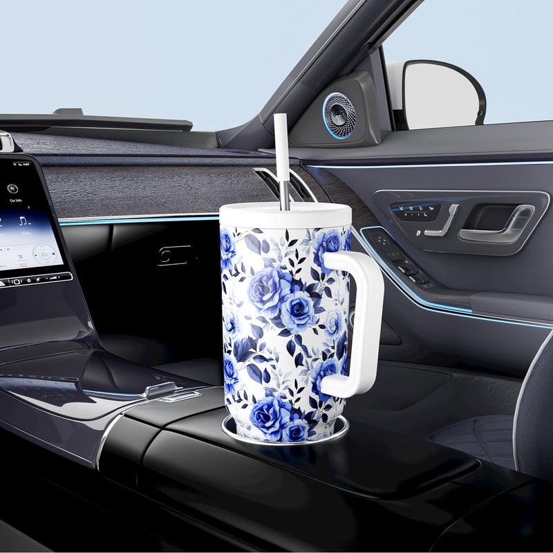 Meoky 40 oz Tumbler with Handle and Straw: Stainless Steel Insulated Tumbler with Lid and Straw - 100% Leak Proof Tumbler for Car Cup Holders - Travelers Commuters Workers, Blue Rose - Image 5