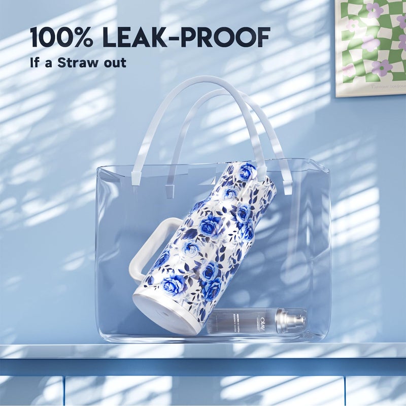 Meoky 40 oz Tumbler with Handle and Straw: Stainless Steel Insulated Tumbler with Lid and Straw - 100% Leak Proof Tumbler for Car Cup Holders - Travelers Commuters Workers, Blue Rose - Image 3