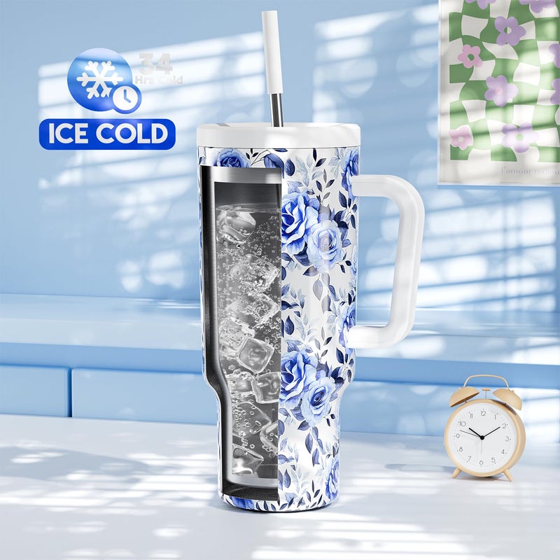 Meoky 40 oz Tumbler with Handle and Straw: Stainless Steel Insulated Tumbler with Lid and Straw - 100% Leak Proof Tumbler for Car Cup Holders - Travelers Commuters Workers, Blue Rose - Image 2