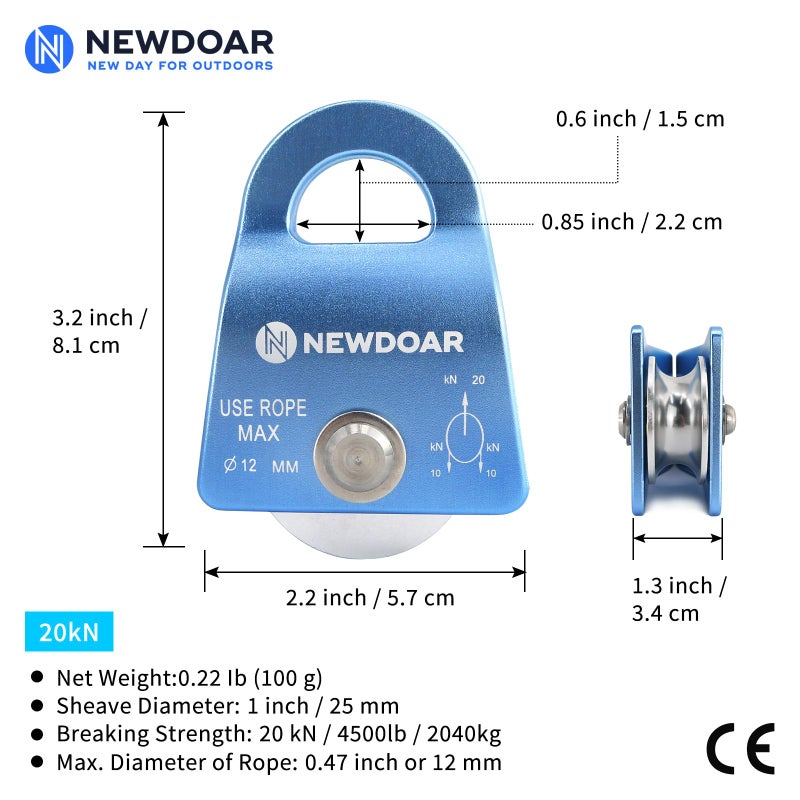 Newdoar NewDoar Micro Mobile Single Pulley,20kN(4500 lb) Max Rope 1/2in for Rigging Arborist Climbing Rescue,CE Certified(20KN Blue 2pcs)  - Image 2
