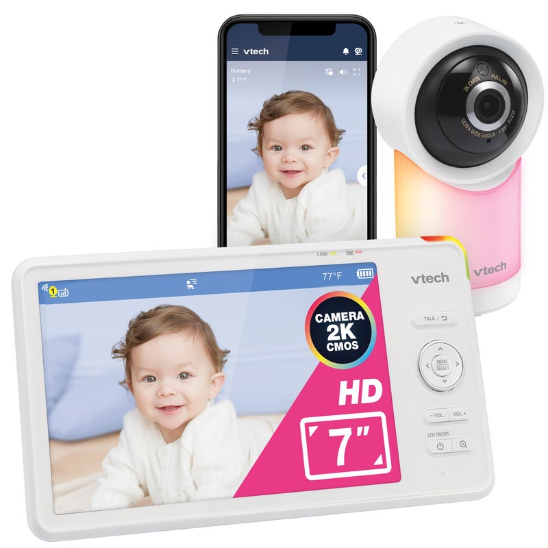 في تك VTech Smart WiFi 7 HD Display Video Baby Monitor 1080p HD Camera عبر App Pan-Tilt-Zoom Night Light 2-Way Talk 2K CMOS مستشعر فيديو زاوية واسعة قابلة لإعادة الشحن، تطبيق مجاني: RM7866HD - Image 1