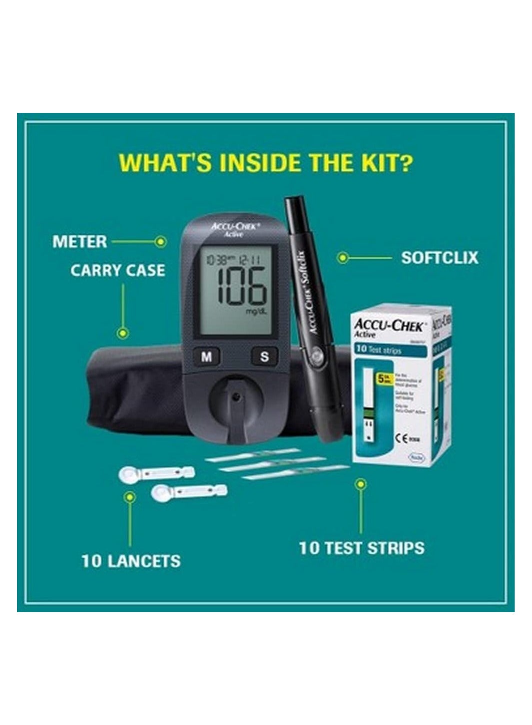 Accu-Chek Active Blood Glucose Monitor Bundle With 50 Test Strips & 100 Lancets
