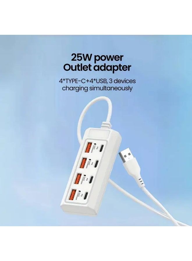 شريط طاقة USB C أبيض 8 منافذ شحن سريع 25W PD QC FCP للكمبيوتر المحمول والجهاز اللوحي والهاتف - Image 3