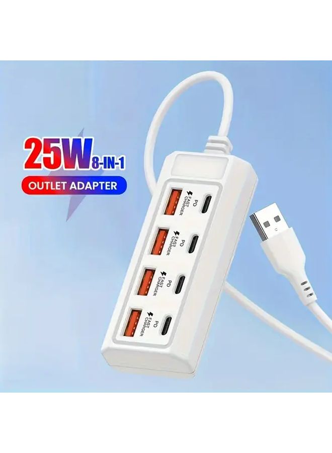 شريط طاقة USB C أبيض 8 منافذ شحن سريع 25W PD QC FCP للكمبيوتر المحمول والجهاز اللوحي والهاتف - Image 1