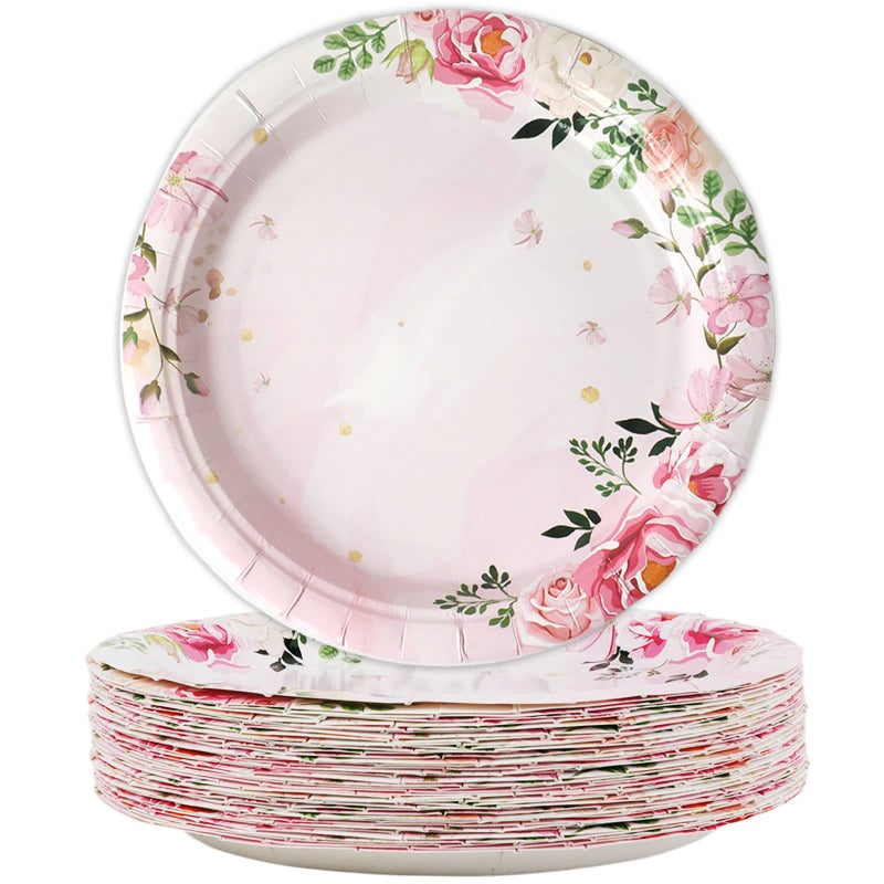 gisgfim 48 Pcs Floral Paper Plates 7 Pink Girls Birthday Party Disposable Dessert Plates Supplies Decorations Tea Party Plates Tableware for Wedding Baby Shower