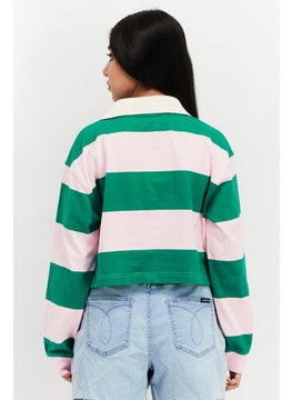ESPRIT Women Spread Collar Long Sleeve Color Block Top, Green/Pink  - Image 3