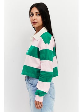 ESPRIT Women Spread Collar Long Sleeve Color Block Top, Green/Pink  - Image 4