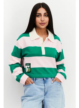 ESPRIT Women Spread Collar Long Sleeve Color Block Top, Green/Pink  - Image 1