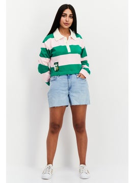 ESPRIT Women Spread Collar Long Sleeve Color Block Top, Green/Pink  - Image 2
