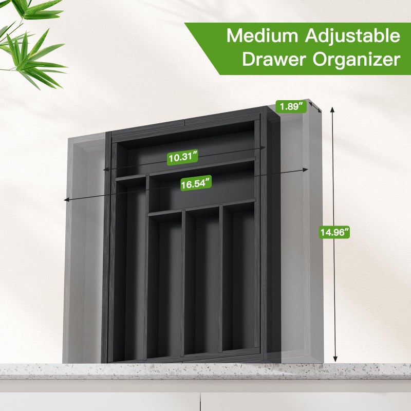 Pipishell Bamboo Expandable Drawer Organizer for Utensils Holder, Adjustable Cutlery Tray, Wood Drawer Dividers Organizer for Silverware, Flatware, Knives in Kitchen, Bedroom, Living Room(M-Black) - Image 2