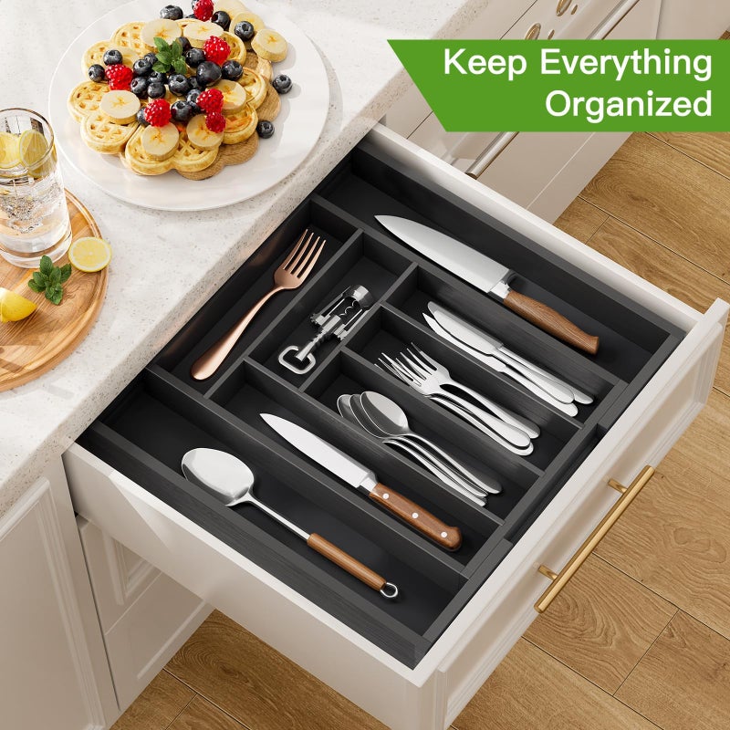 Pipishell Bamboo Expandable Drawer Organizer for Utensils Holder, Adjustable Cutlery Tray, Wood Drawer Dividers Organizer for Silverware, Flatware, Knives in Kitchen, Bedroom, Living Room(M-Black) - Image 3