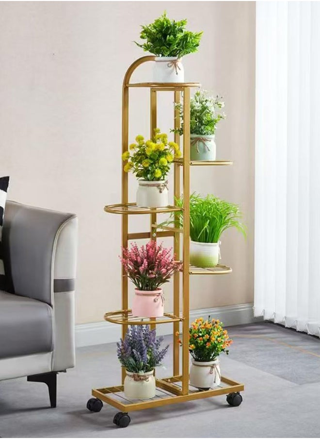 SKY-TOUCH - 6-Tier Metal Plant Stand with Movable wheels – Tall 118cm Flower Shelf, Indoor/Outdoor Plant Organizer & Display Rack for Garden, Patio, or Living Room, Golden - Image 1