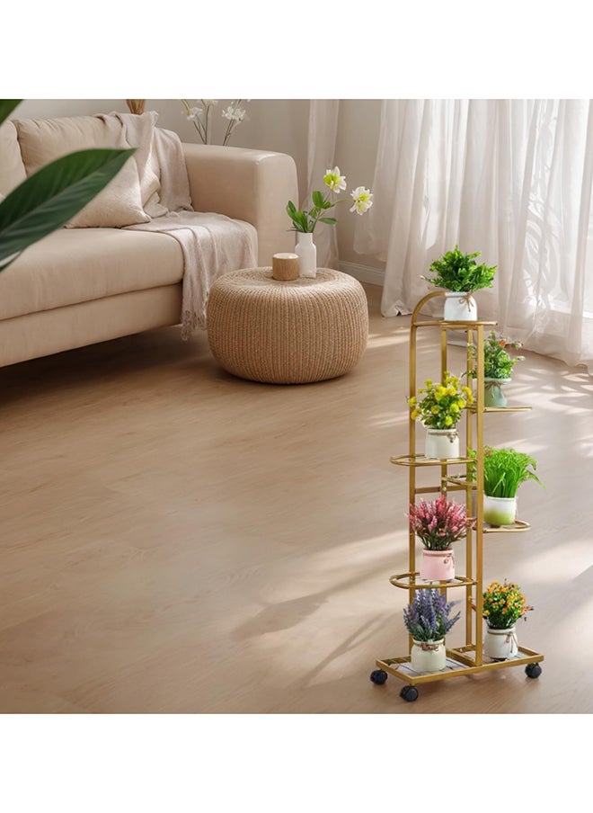 SKY-TOUCH - 6-Tier Metal Plant Stand with Movable wheels – Tall 118cm Flower Shelf, Indoor/Outdoor Plant Organizer & Display Rack for Garden, Patio, or Living Room, Golden - Image 1