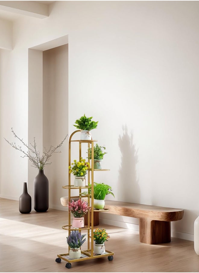 SKY-TOUCH - 6-Tier Metal Plant Stand with Movable wheels – Tall 118cm Flower Shelf, Indoor/Outdoor Plant Organizer & Display Rack for Garden, Patio, or Living Room, Golden - Image 1